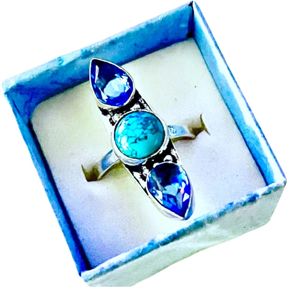 New 925 Sterling Silver Blue Imperial Topaz Turquoise Artisten 3 Tier Ring - Picture 4 of 17